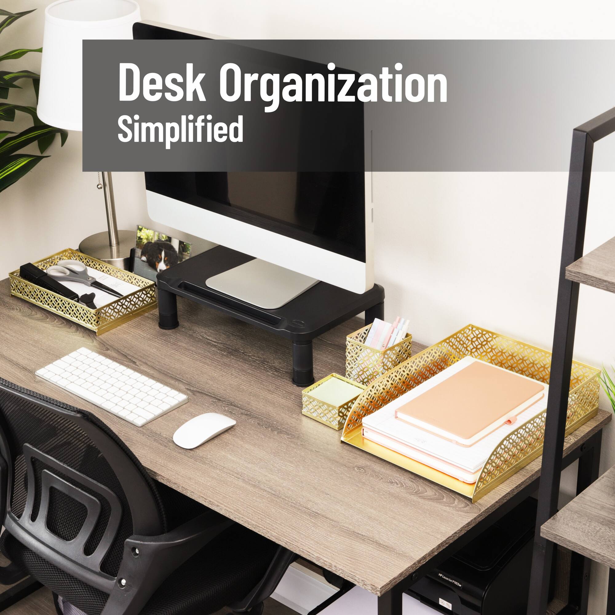 Mind Reader Gold Desk Organizer Set, Includes Pen Cup, Catchall Tray, File Box & Paper Tray, 4-Piece Metal Desktop Accessory Kit